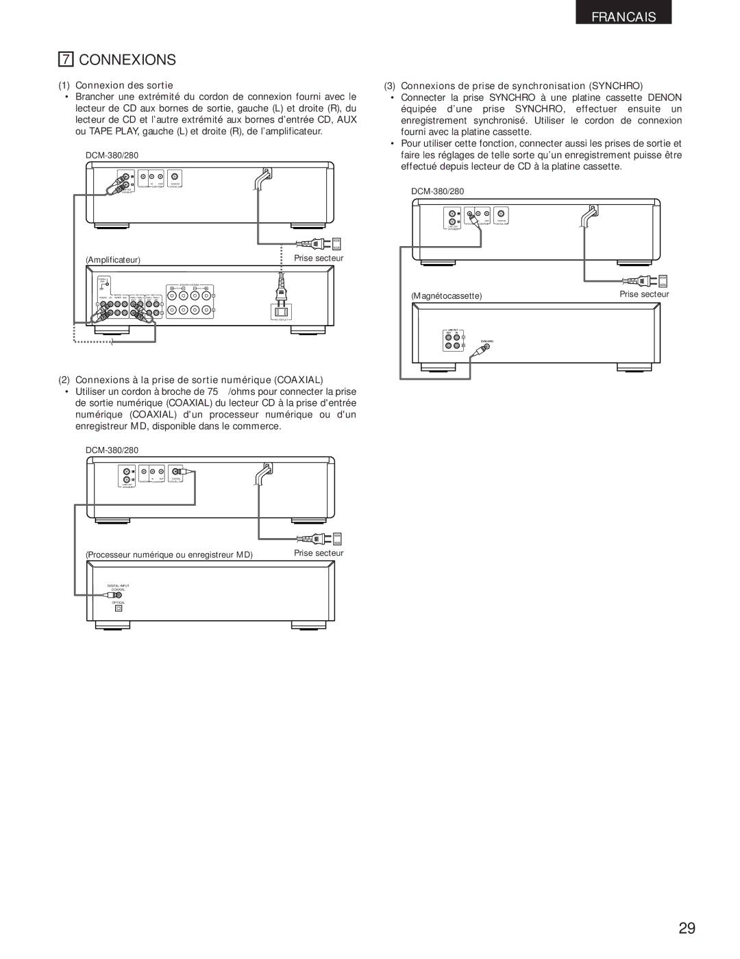 Denon DCM-280 operating instructions Connexion des sortie, Connexions de prise de synchronisation Synchro 