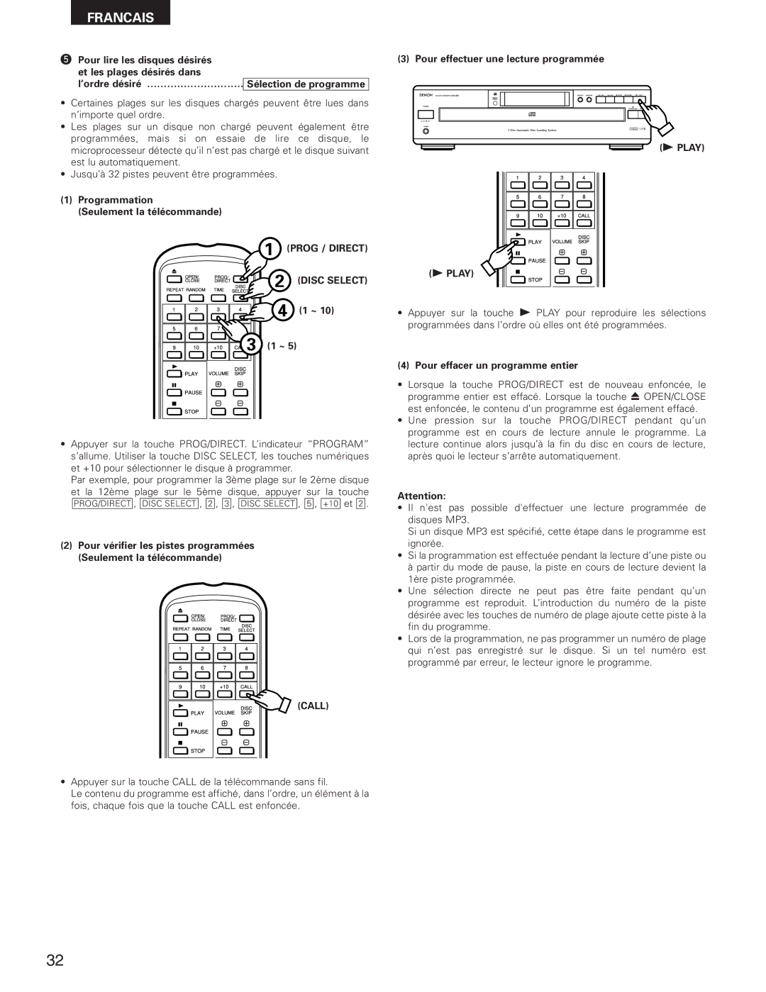 Denon DCM-280 ’ordre désiré, Programmation Seulement la télécommande, Pour effectuer une lecture programmée Play 
