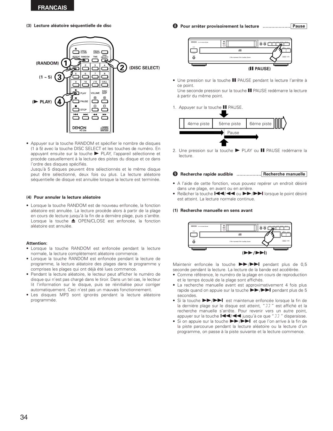 Denon DCM-280 Lecture aléatoire séquentielle de disc, Pour annuler la lecture aléatoire, Recherche rapide audible 