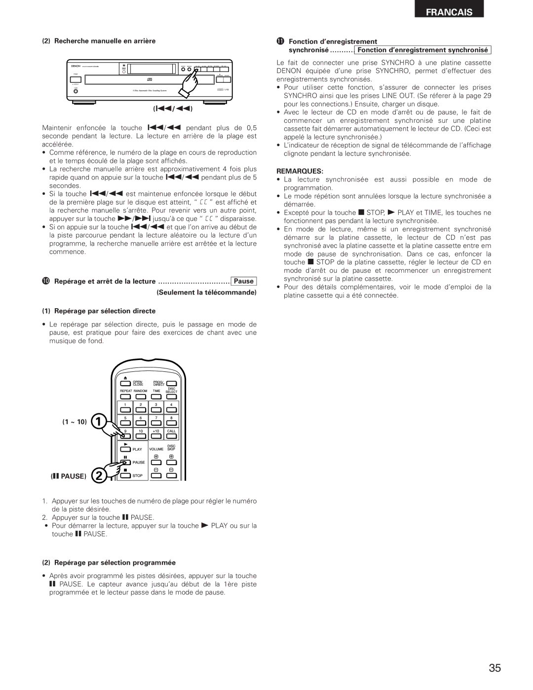 Denon DCM-280 operating instructions Remarques 