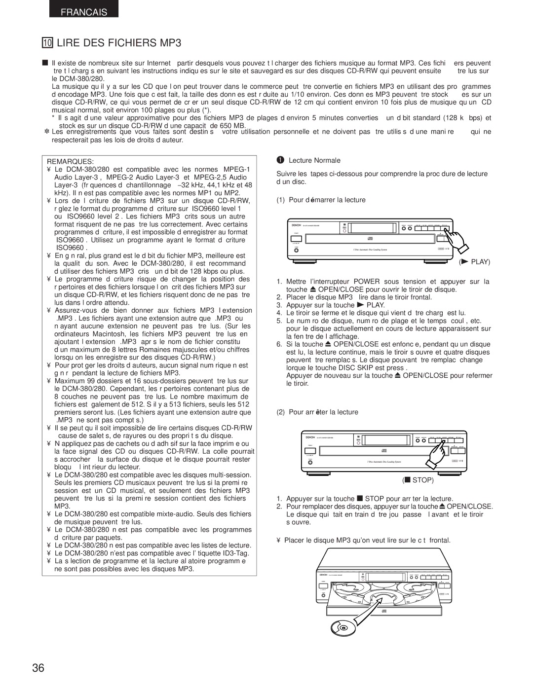 Denon DCM-280 operating instructions Lire DES Fichiers MP3, Lecture Normale 