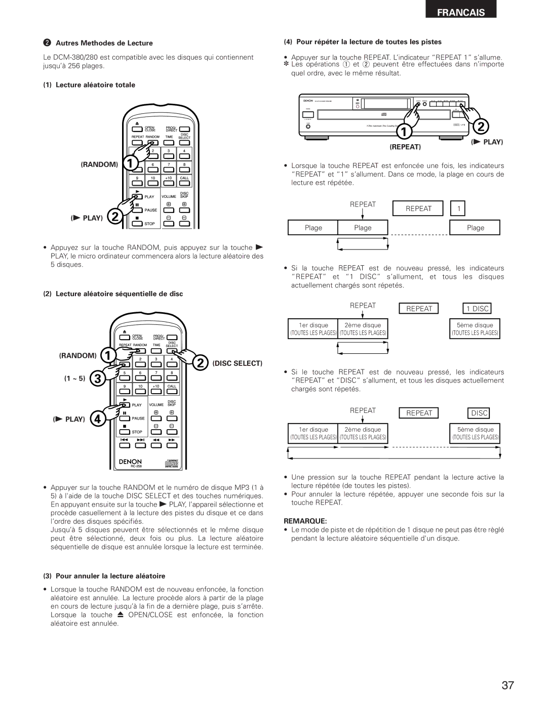 Denon DCM-280 operating instructions Autres Methodes de Lecture, Pour répéter la lecture de toutes les pistes 