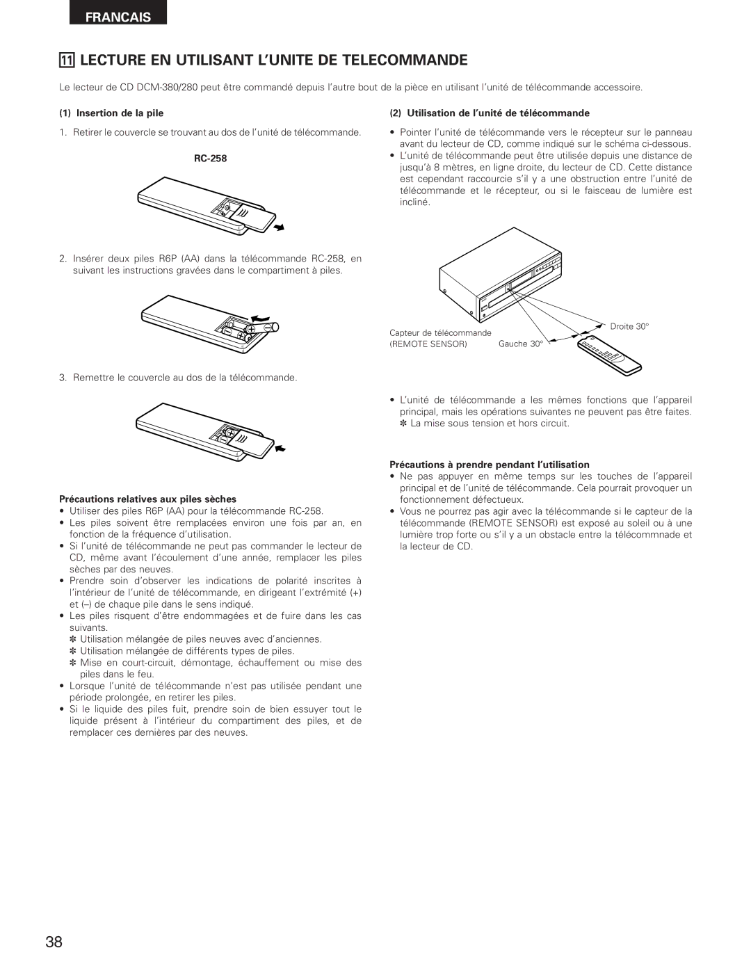 Denon DCM-280 Lecture EN Utilisant L’UNITE DE Telecommande, Insertion de la pile, Précautions relatives aux piles sèches 