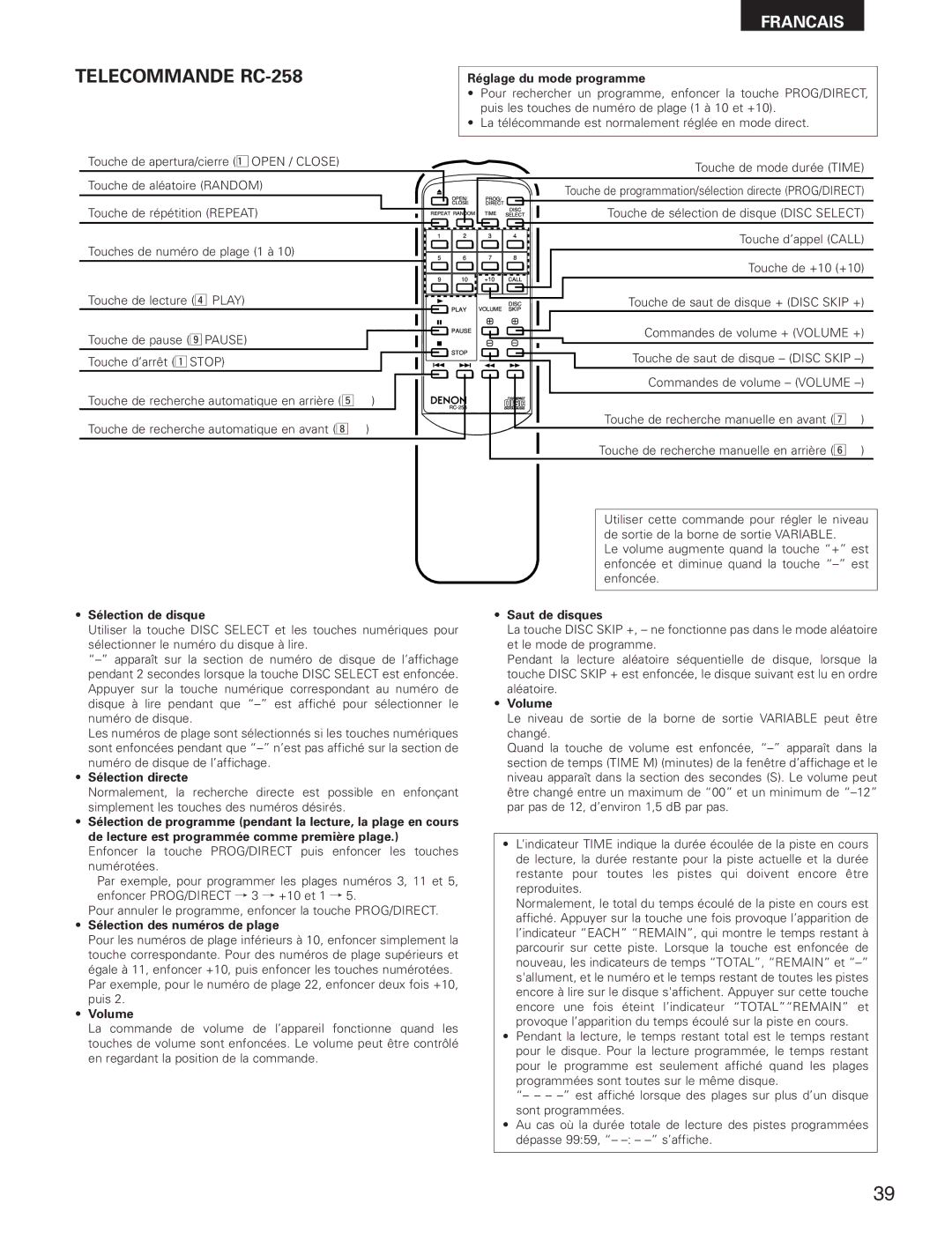 Denon DCM-280 operating instructions Telecommande RC-258 