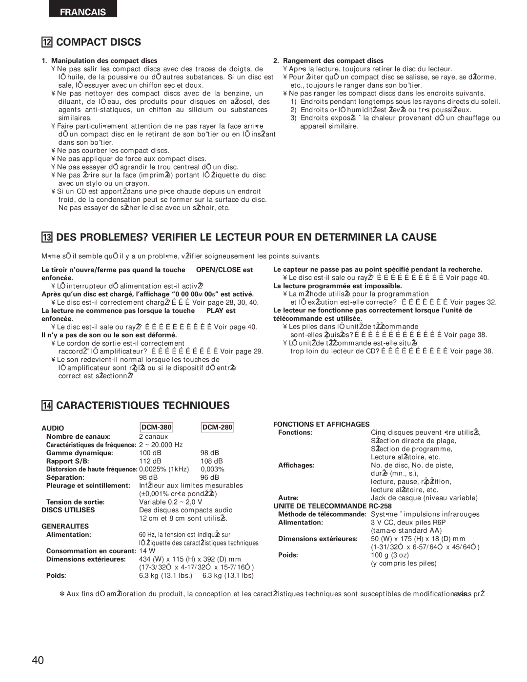 Denon DCM-280 operating instructions Caracteristiques Techniques, Discs Utilises, Generalites, Fonctions ET Affichages 