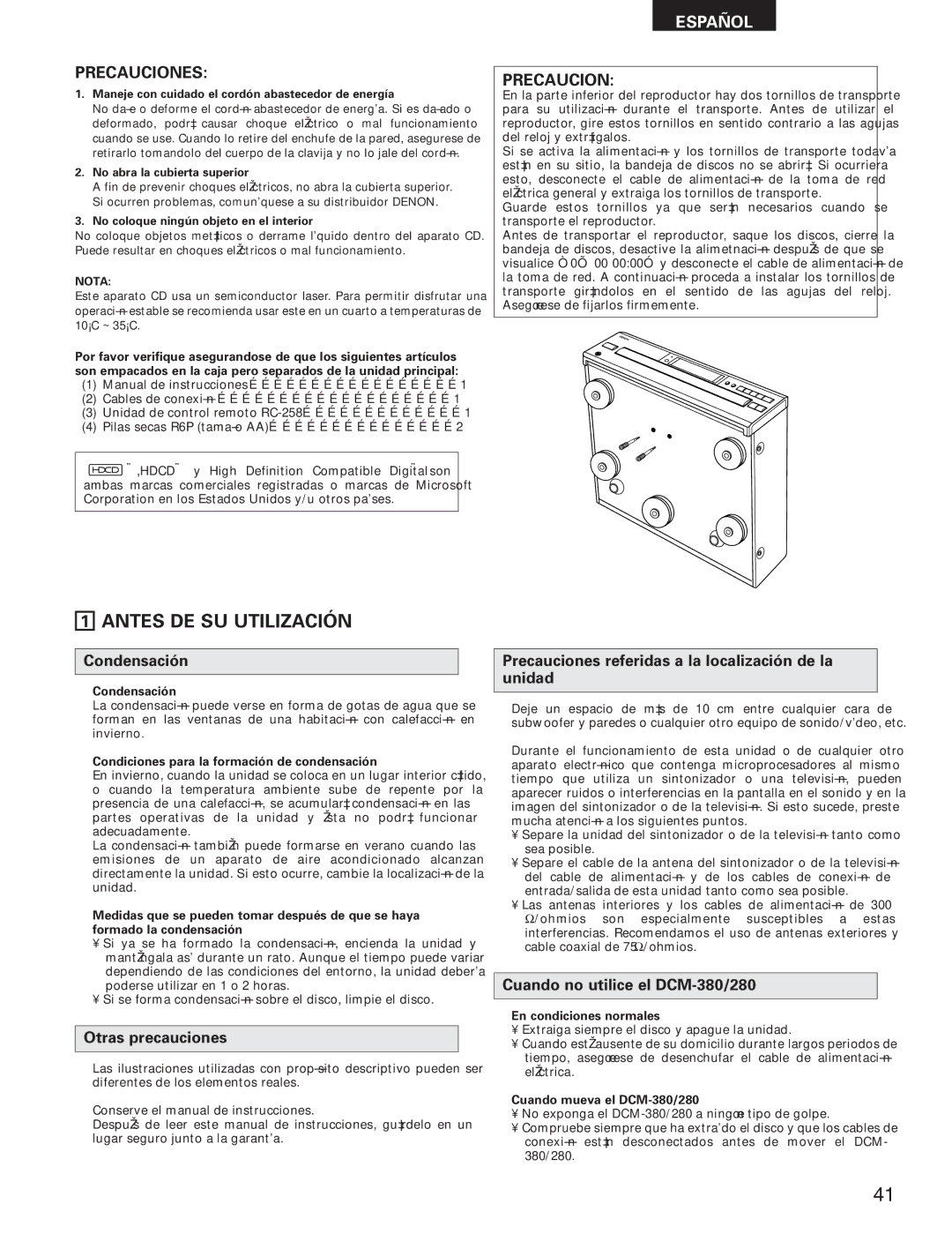 Denon DCM-280 Antes DE SU Utilización, Condensación, Otras precauciones, Cuando no utilice el DCM-380/280 