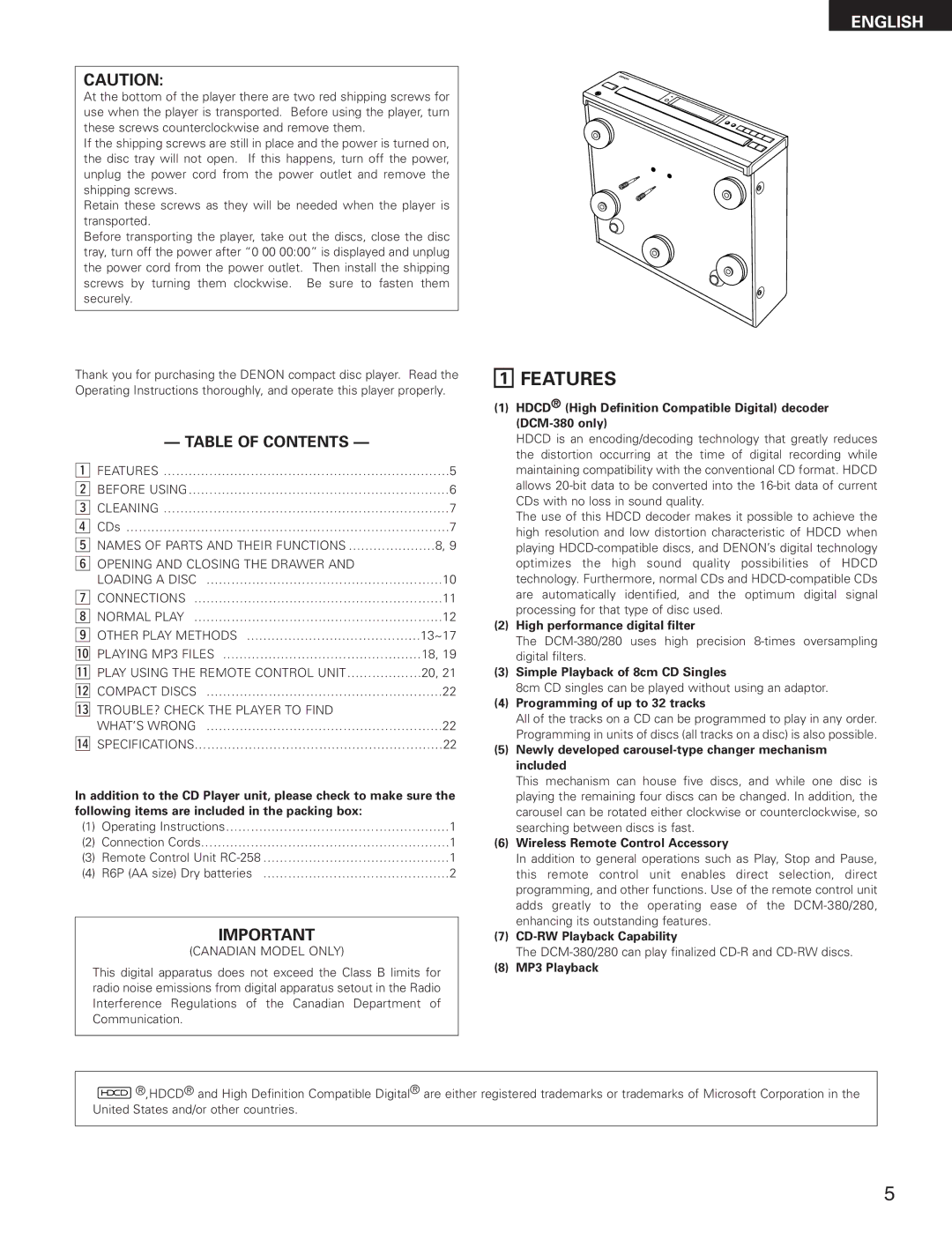 Denon DCM-280 operating instructions Features, Table of Contents 