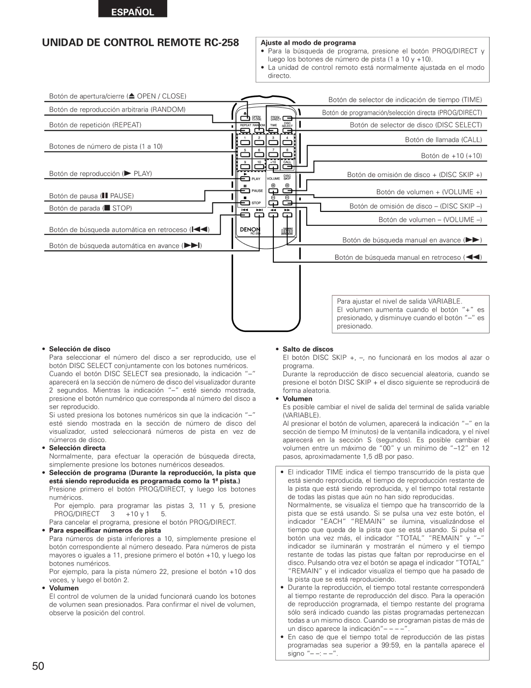 Denon DCM-280 operating instructions Unidad DE Control Remote RC-258 