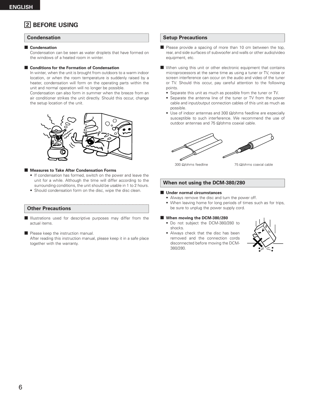 Denon DCM-280 Before Using, Condensation, Setup Precautions, Other Precautions, When not using the DCM-380/280 