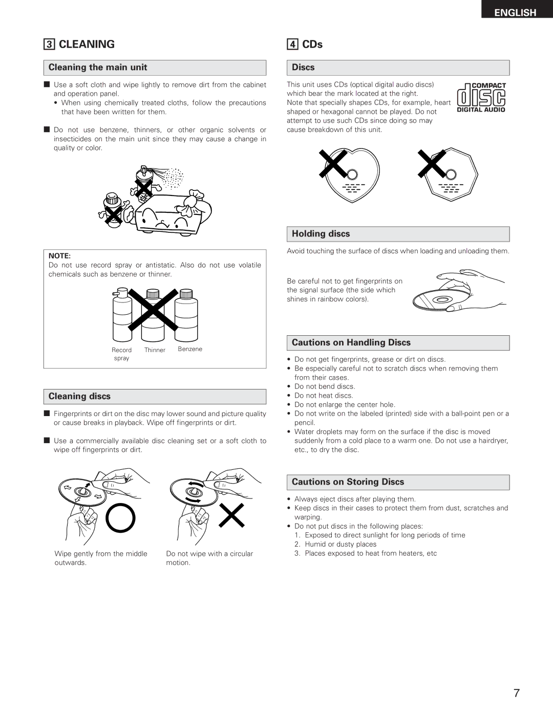 Denon DCM-280 operating instructions Cleaning the main unit, Cleaning discs, Discs, Holding discs 