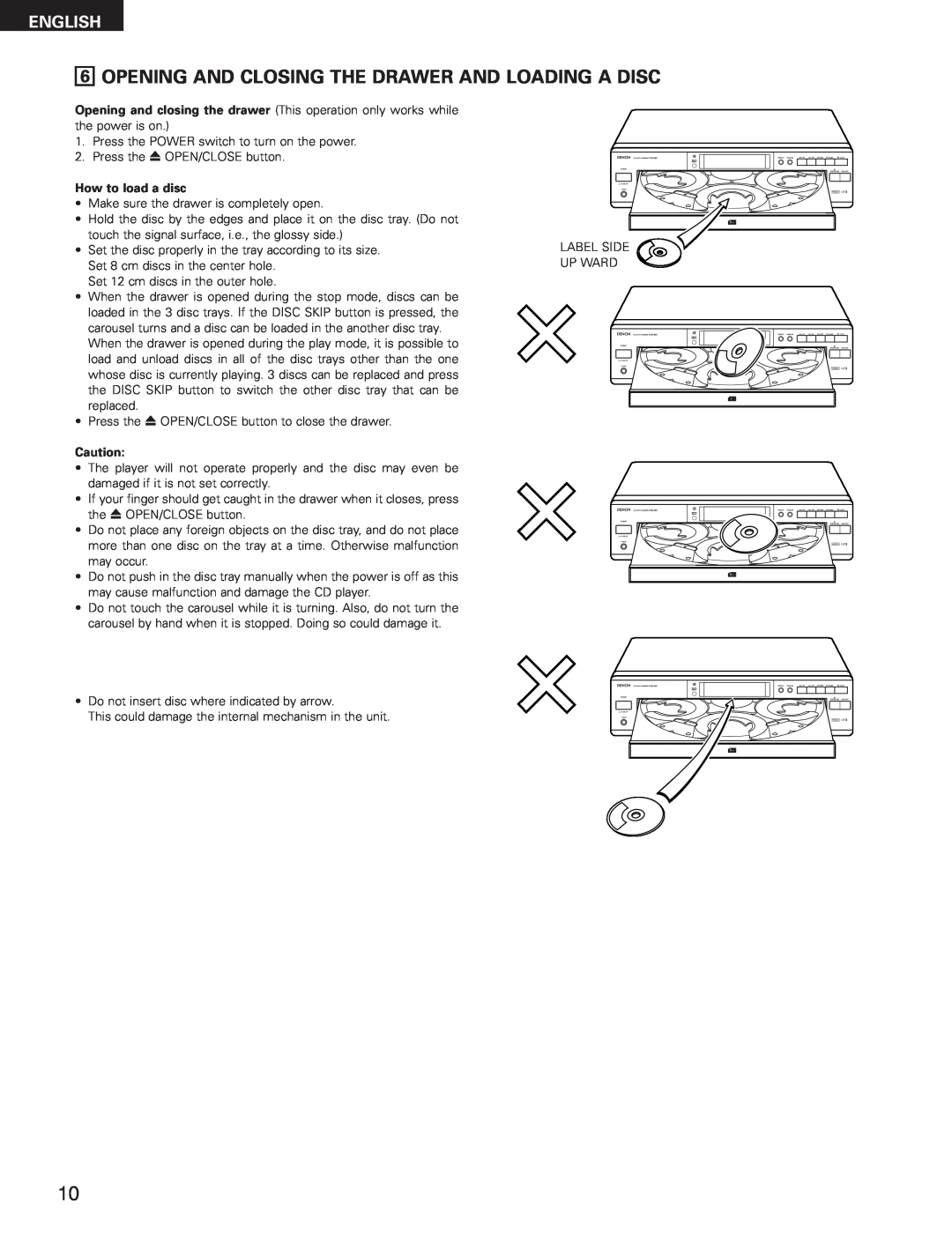 Denon DCM-280 operating instructions Opening And Closing The Drawer And Loading A Disc, How to load a disc, English 