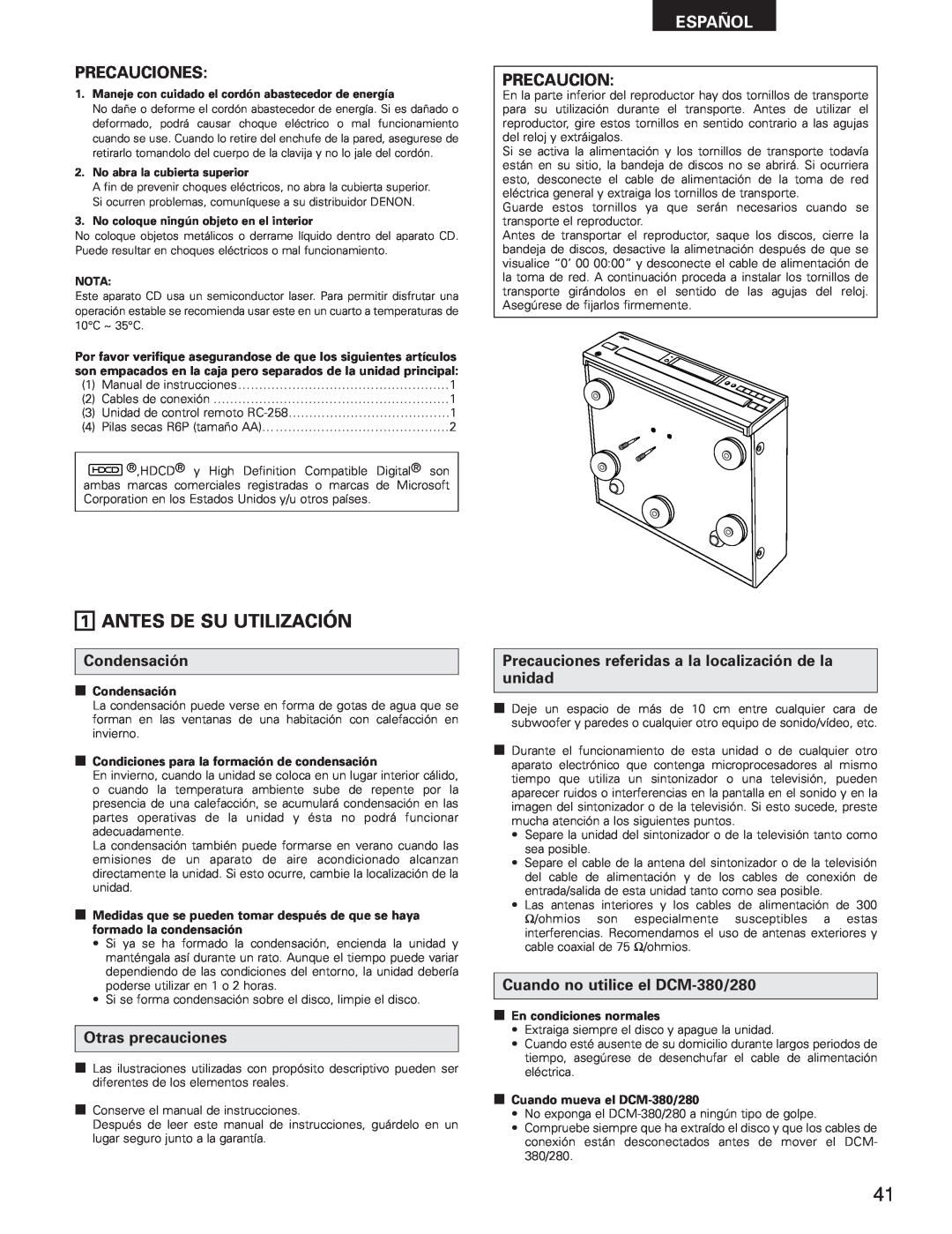 Denon DCM-280 operating instructions 1ANTES DE SU UTILIZACIÓN, Precauciones, Español, Otras precauciones, 2Condensación 
