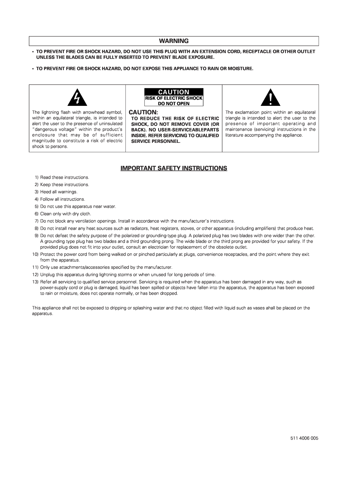 Denon DCM-280 operating instructions Important Safety Instructions, Risk Of Electric Shock Do Not Open 