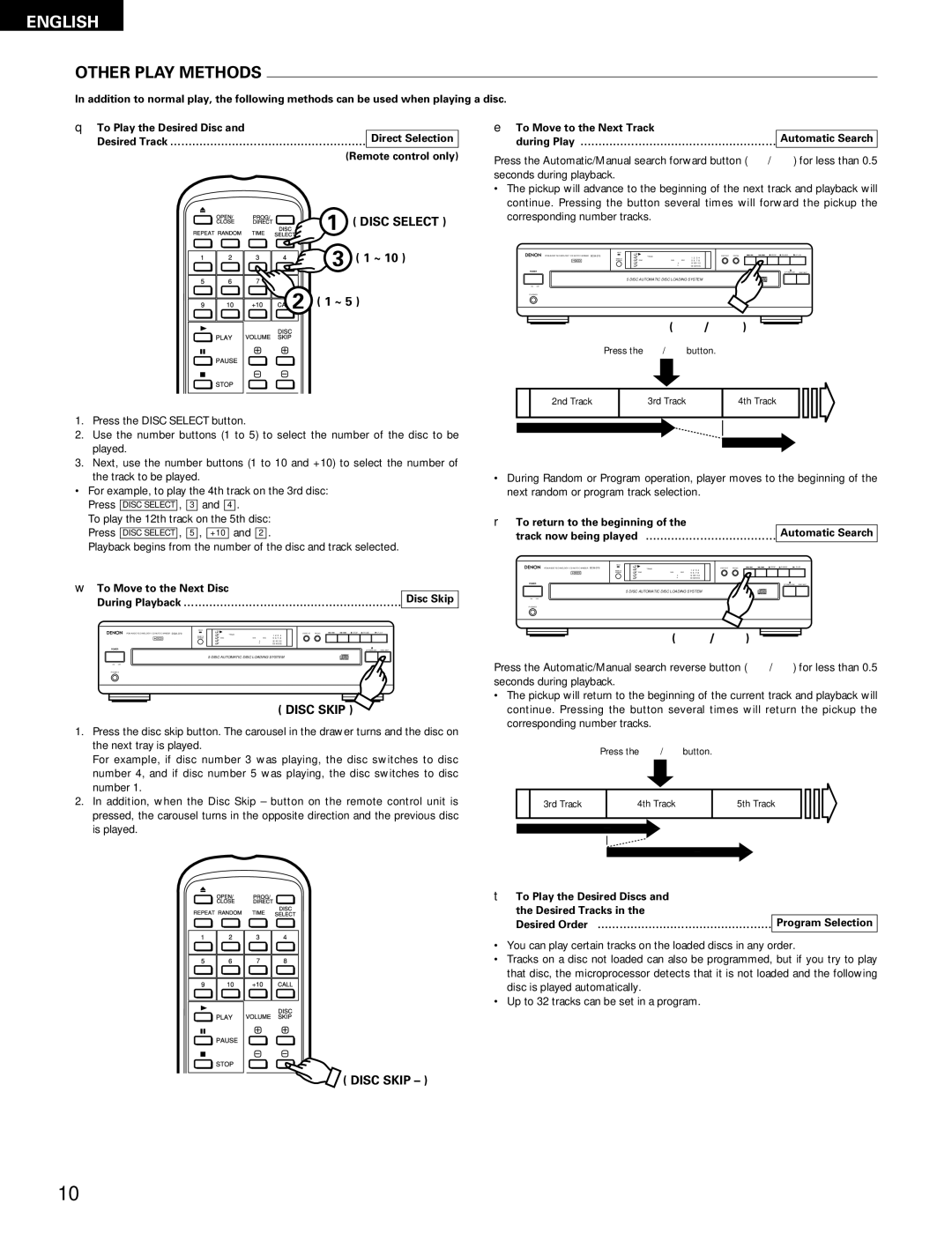 Denon DCM-370, 270 Other Play Methods, Disc Select, Disc Skip, To return to the beginning, ……………………………… Automatic Search 