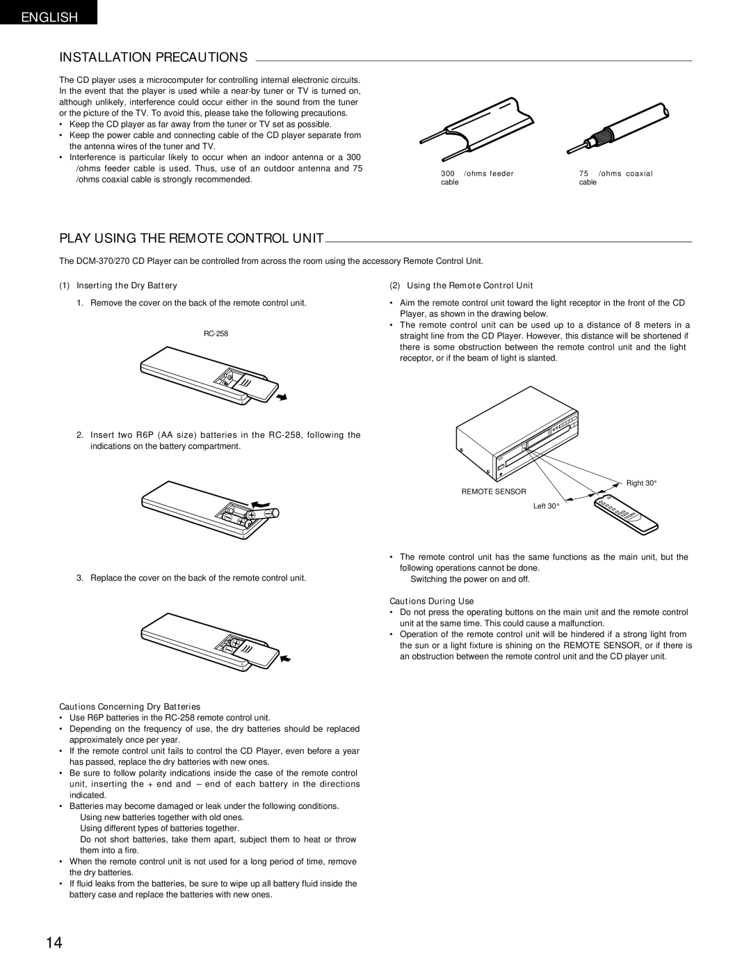 Denon DCM-370, 270 Installation Precautions, Play Using the Remote Control Unit, Inserting the Dry Battery 