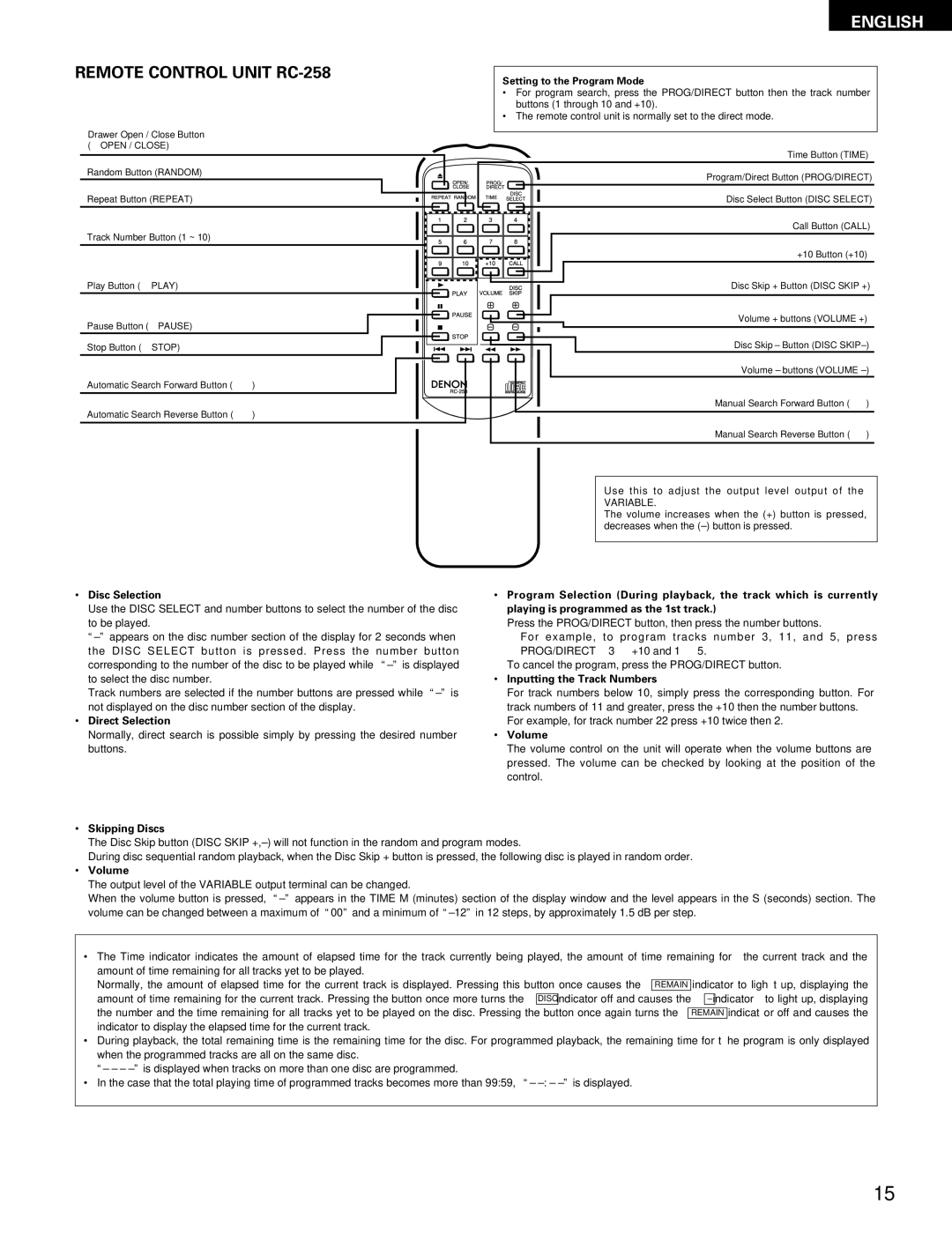 Denon 270, DCM-370 operating instructions Remote Control Unit RC-258 