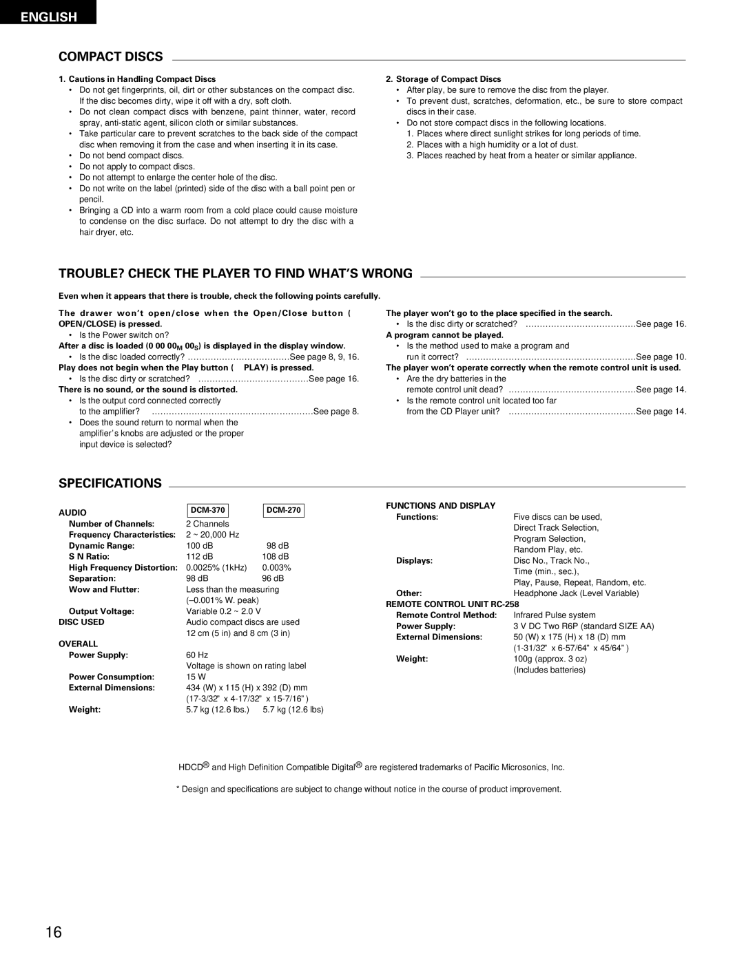 Denon DCM-370, 270 operating instructions Compact Discs, TROUBLE? Check the Player to Find WHAT’S Wrong, Specifications 