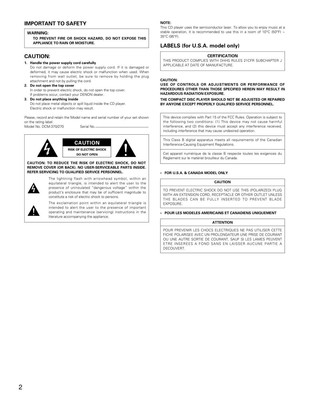 Denon DCM-370 Important to Safety, For U.S.A. & Canada Model only, Pour LES Modeles Americains ET Canadiens Uniquement 