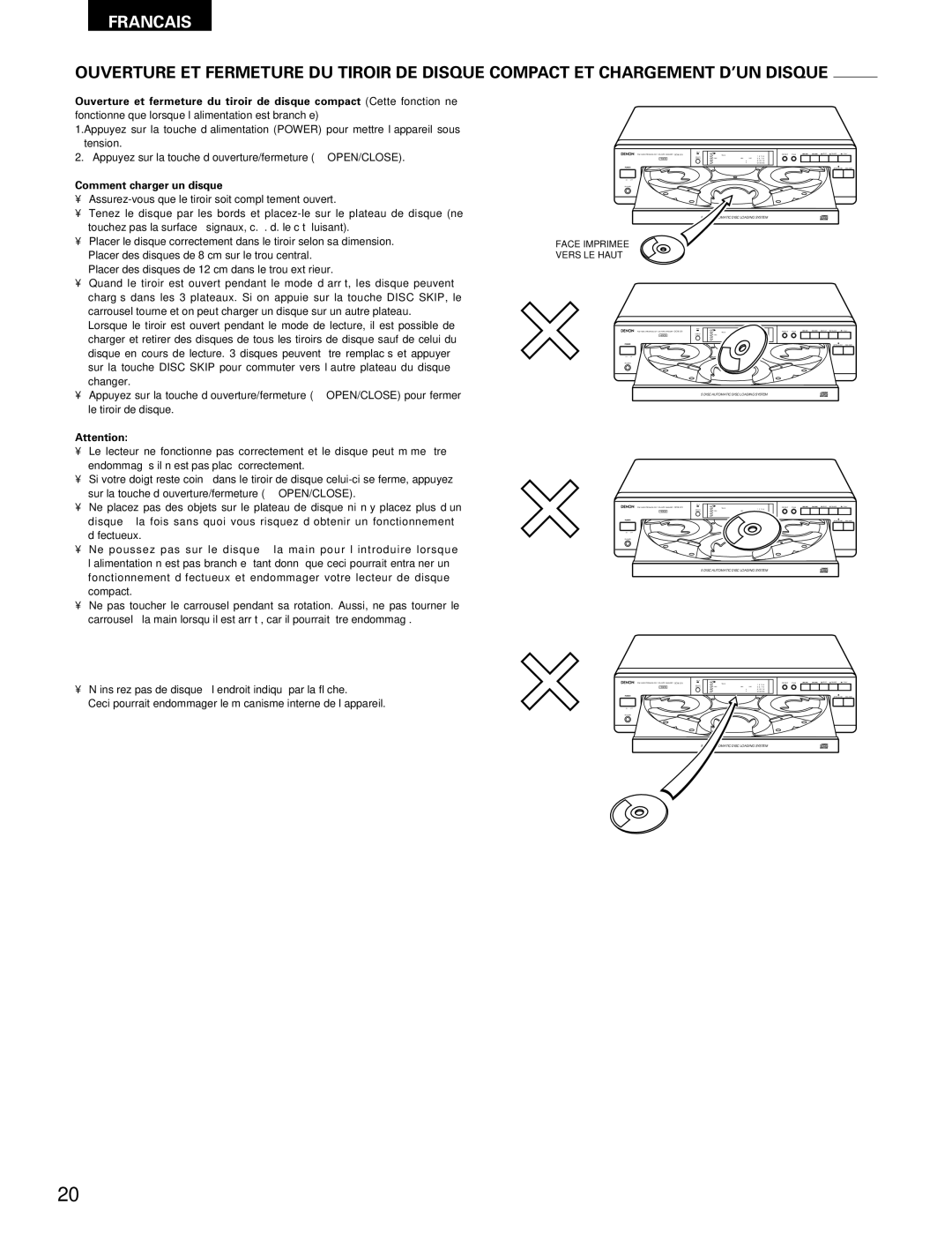 Denon DCM-370, 270 operating instructions Comment charger un disque, Face Imprimee Vers LE Haut 