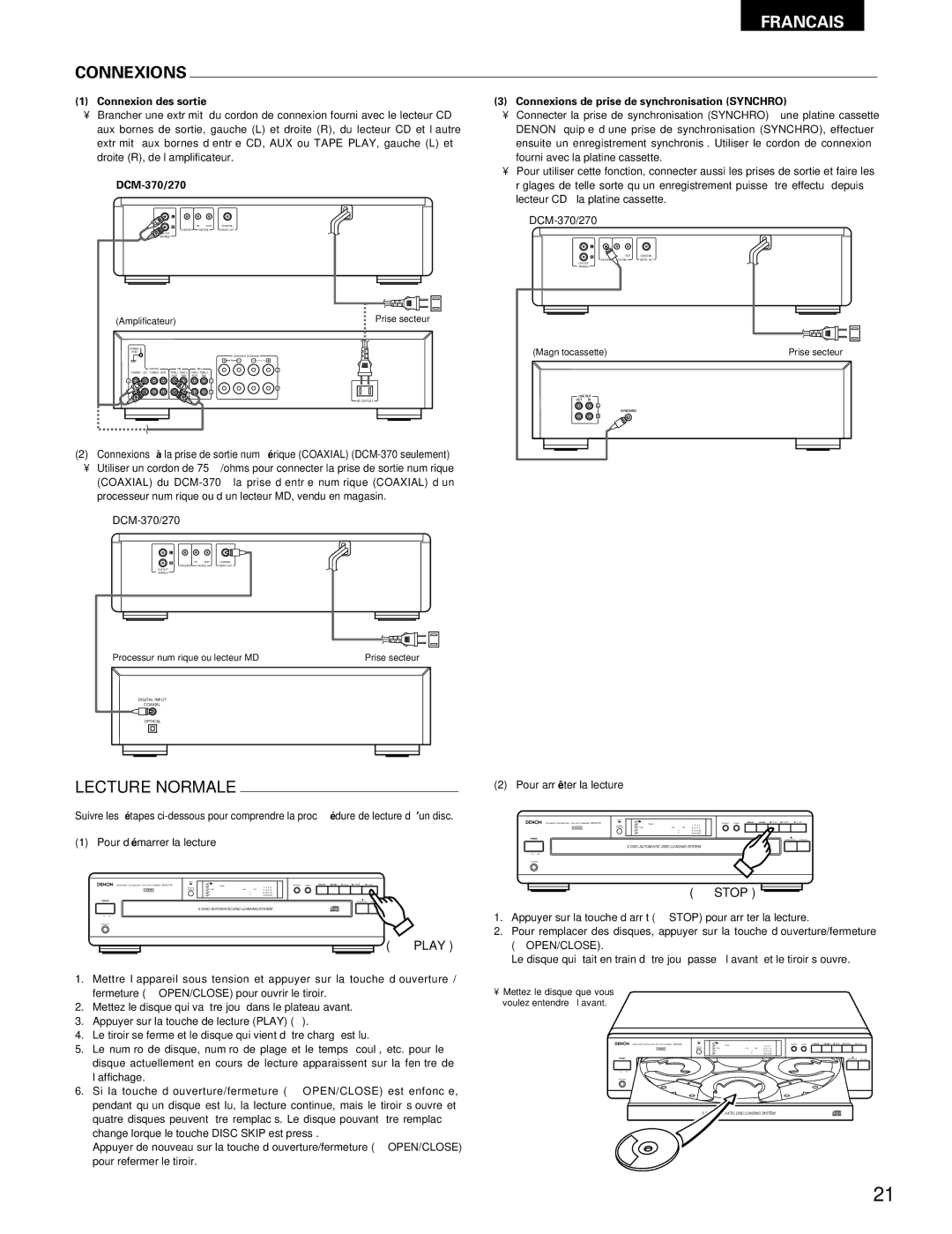 Denon 270, DCM-370 operating instructions Connexions, Lecture Normale 