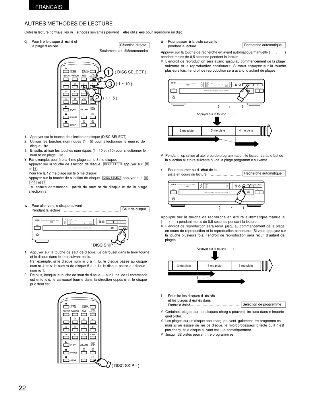 Denon DCM-370, 270 operating instructions Autres Methodes DE Lecture, ’ordre désiré …………………………………… Sélection de programme 