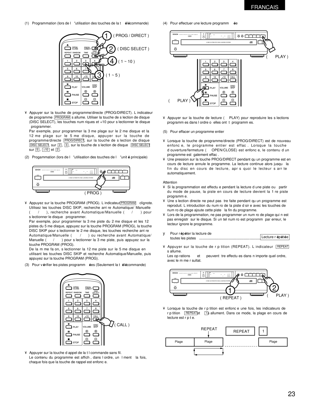 Denon 270, DCM-370 operating instructions Play Call, Pour effectuer une lecture programmée, Pour effacer un programme entier 