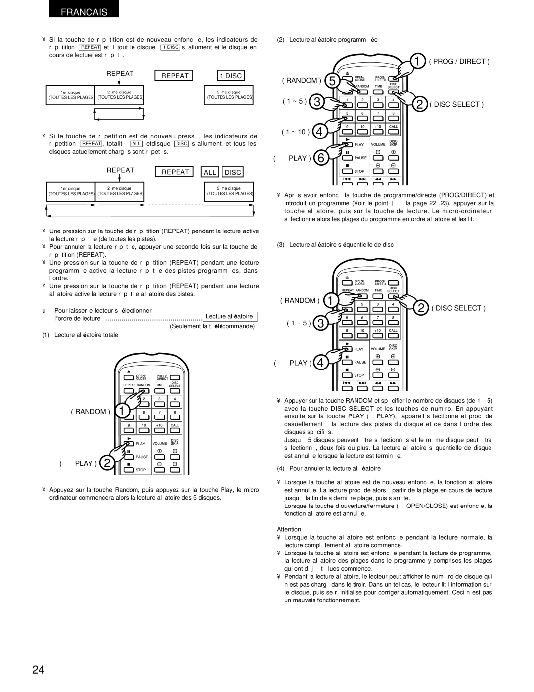 Denon DCM-370, 270 Lecture aléatoire programmée, Lecture aléatoire séquentielle de disc, Pour annuler la lecture aléatoire 