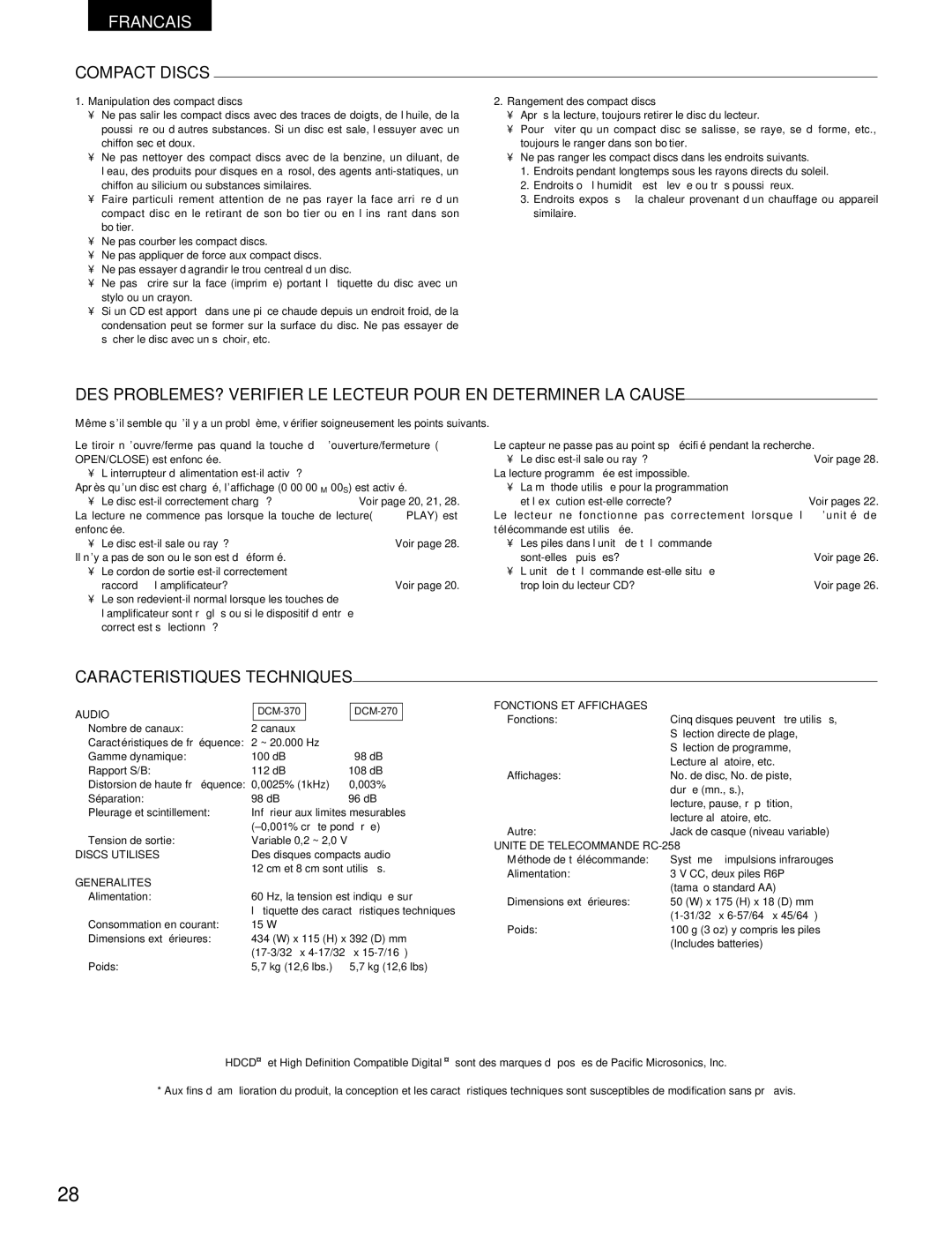 Denon DCM-370, 270 operating instructions Caracteristiques Techniques, Discs Utilises, Generalites 