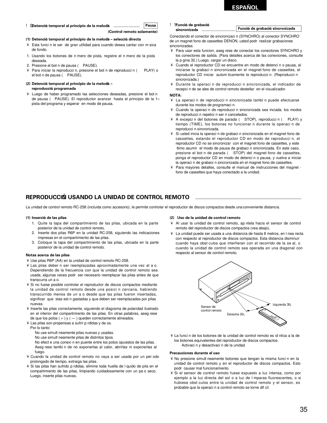 Denon 270 Reproducción Usando LA Unidad DE Control Remoto, Nota, Inserción de las pilas Uso de la unidad de control remoto 