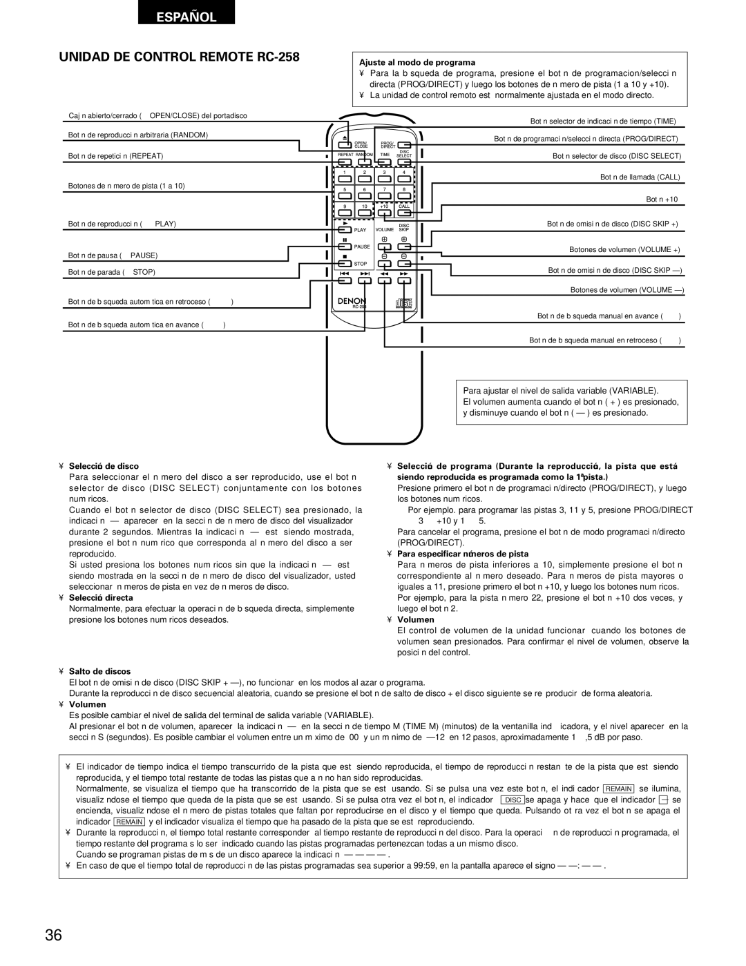 Denon DCM-370, 270 operating instructions Unidad DE Control Remote RC-258 