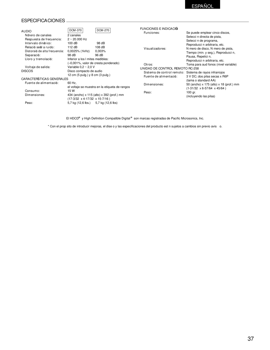 Denon 270 Especificaciones, Discos, Características Generales, Funciones E Indicación, Unidad DE Control Remoto RC-258 