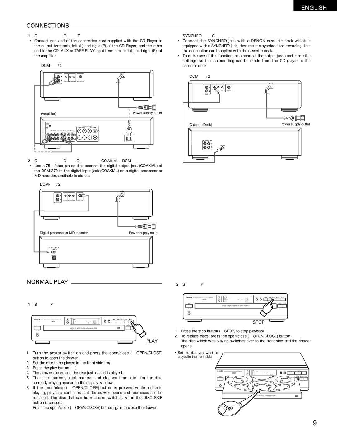 Denon 270, DCM-370 operating instructions Connections, Normal Play, Stop 