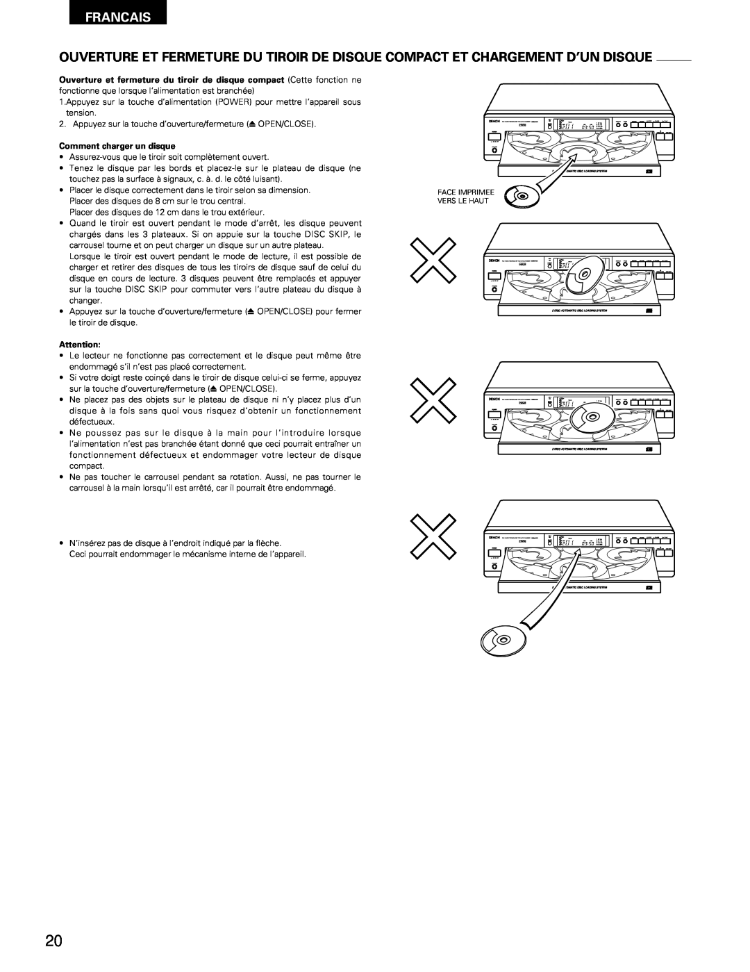 Denon DCM-370, 270 operating instructions Francais, Comment charger un disque 