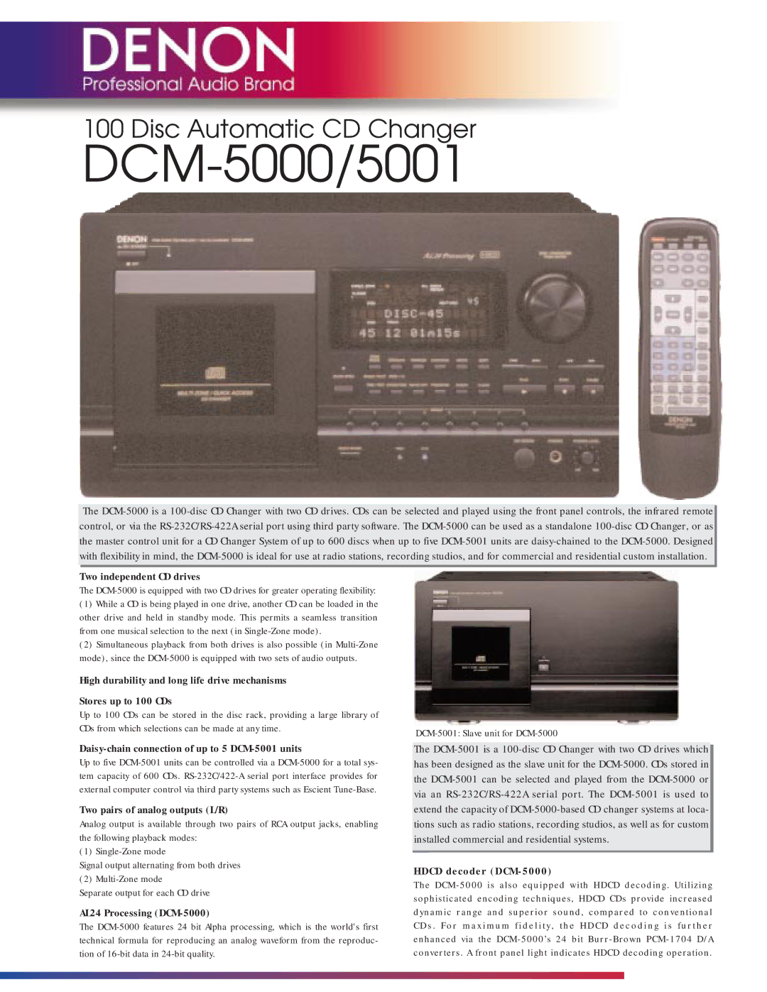 Denon manual Two independent CD drives, Daisy-chain connection of up to 5 DCM-5001 units, Hdcd decoder DCM-5000 