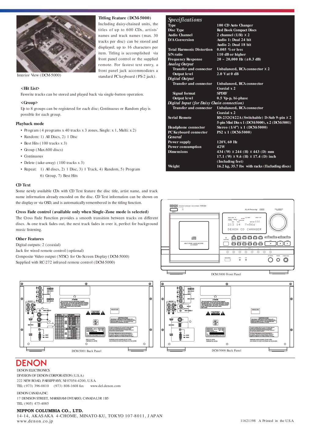 Denon manual Hit List Titling Feature DCM-5000, Group, Playback mode, CD Text, Other Features 