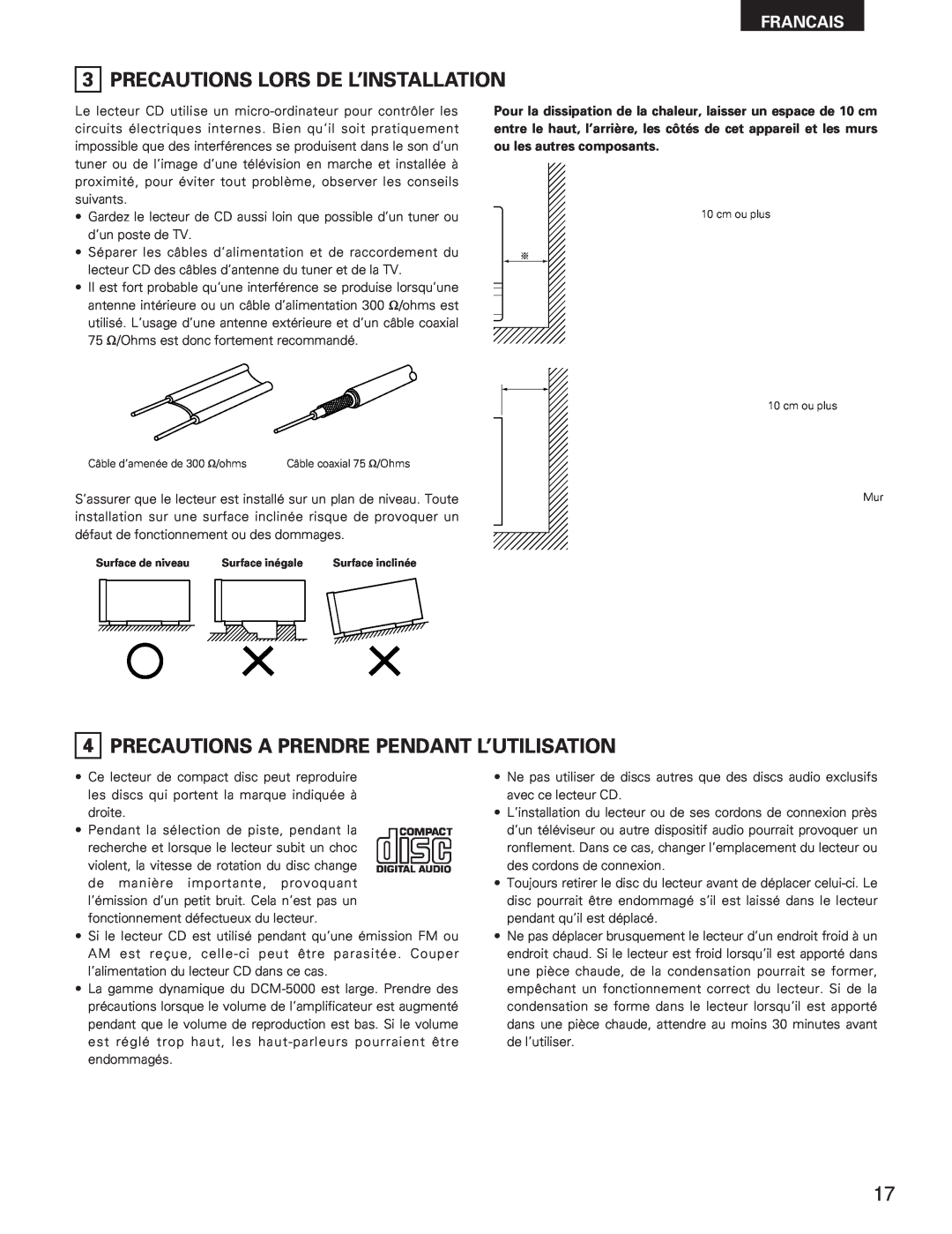 Denon DCM-5001 manual Precautions Lors De L’Installation, Precautions A Prendre Pendant L’Utilisation, Francais 