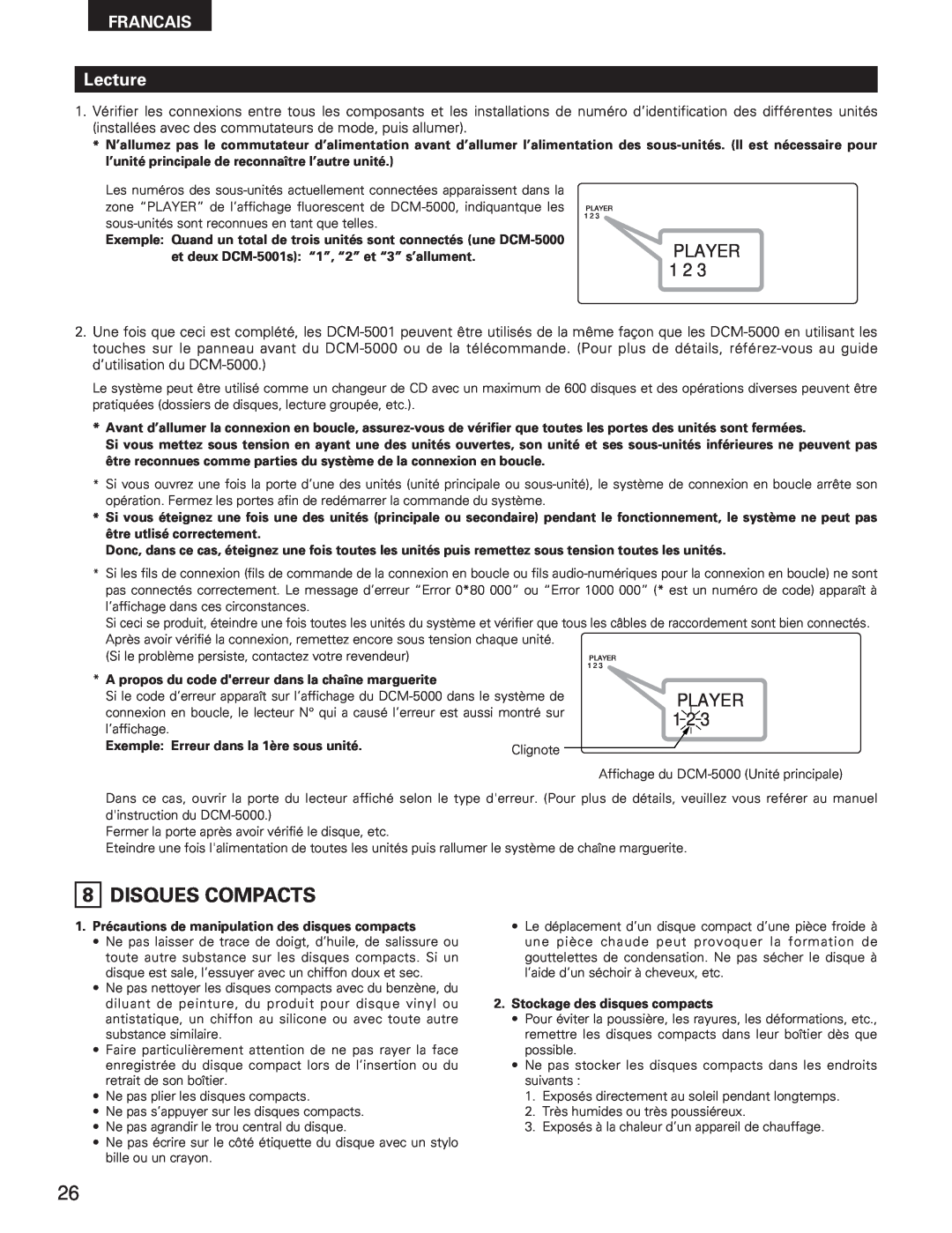 Denon DCM-5001 manual Lecture, Player, Francais, A propos du code derreur dans la chaîne marguerite 