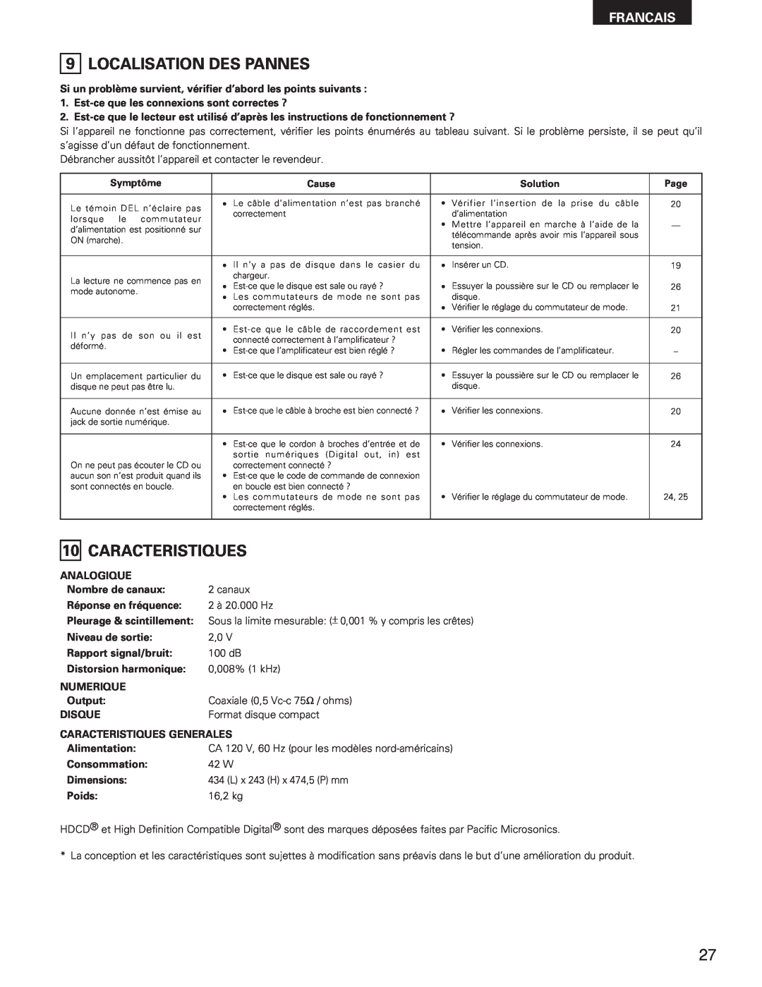 Denon DCM-5001 manual Localisation Des Pannes, Caracteristiques, Francais 