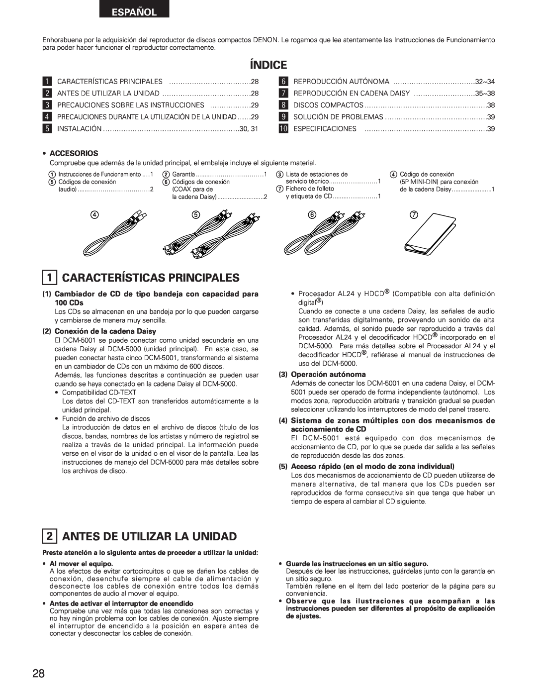 Denon DCM-5001 manual Índice, 1CARACTERÍSTICAS PRINCIPALES, Antes De Utilizar La Unidad, Español, Al mover el equipo 