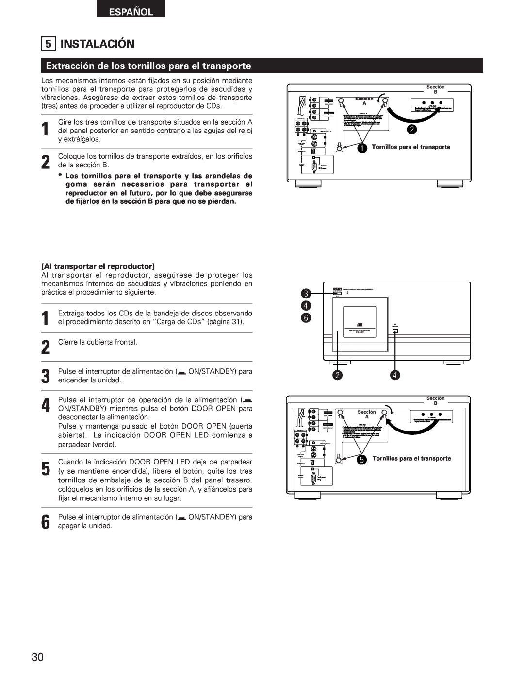 Denon DCM-5001 manual Instalación, Extracción de los tornillos para el transporte, Al transportar el reproductor, Español 