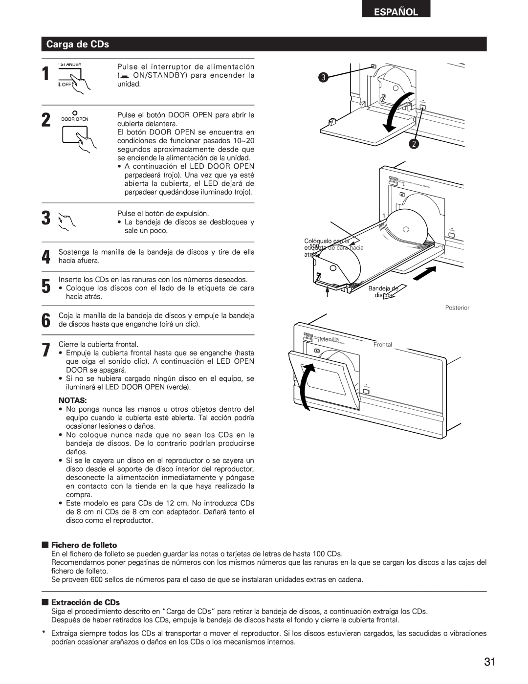 Denon DCM-5001 manual Carga de CDs, 2Fichero de folleto, 2Extracción de CDs, Español 
