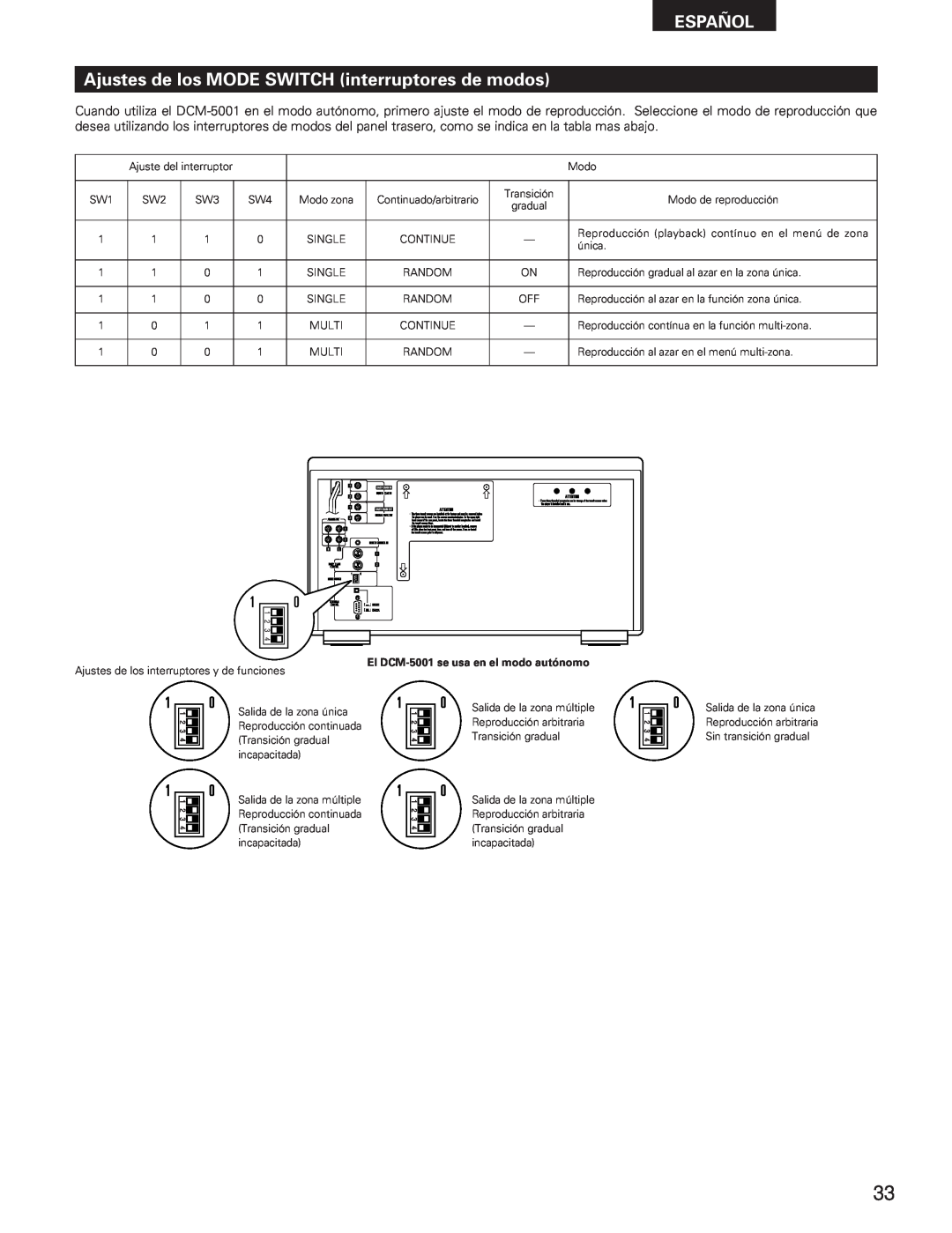 Denon manual Ajustes de los MODE SWITCH interruptores de modos, Español, El DCM-5001se usa en el modo autónomo 