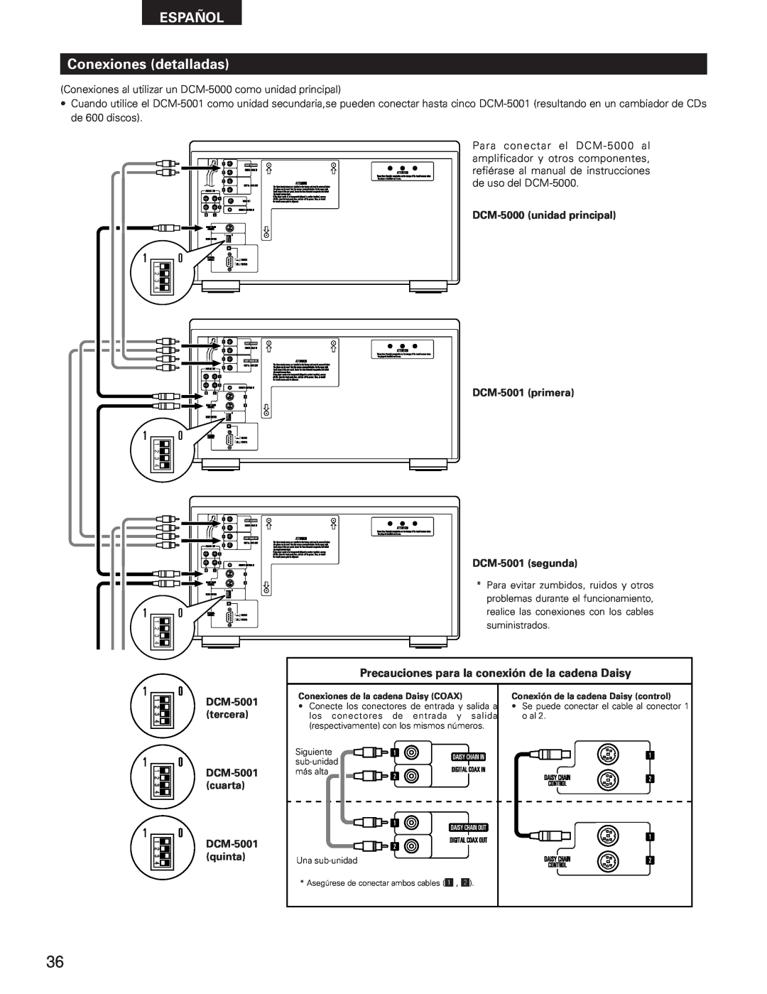 Denon DCM-5001 manual ESPAÑOL Conexiones detalladas, Precauciones para la conexión de la cadena Daisy 