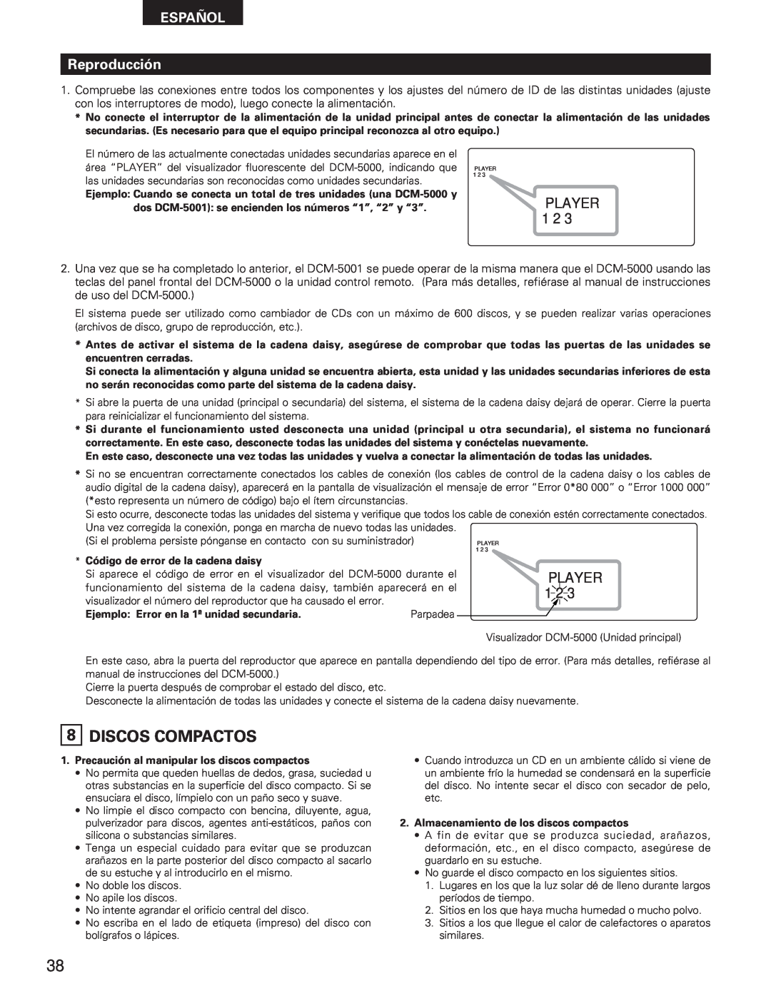 Denon DCM-5001 manual 8DISCOS COMPACTOS, ESPAÑOL Reproducción, Player 