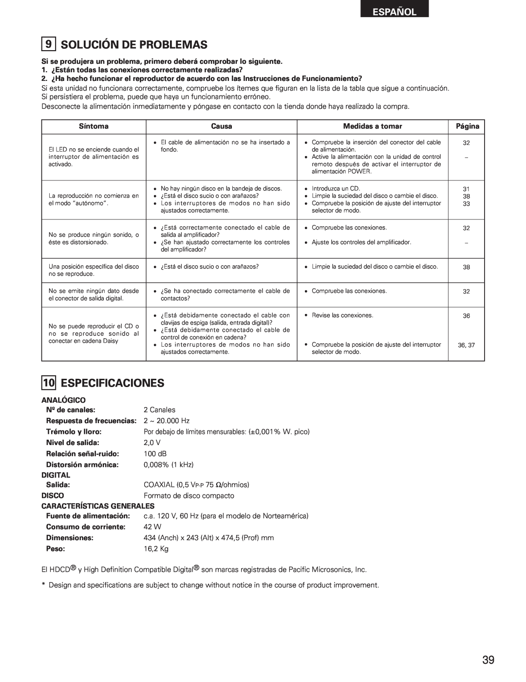 Denon DCM-5001 manual Solución De Problemas, Especificaciones, Español 