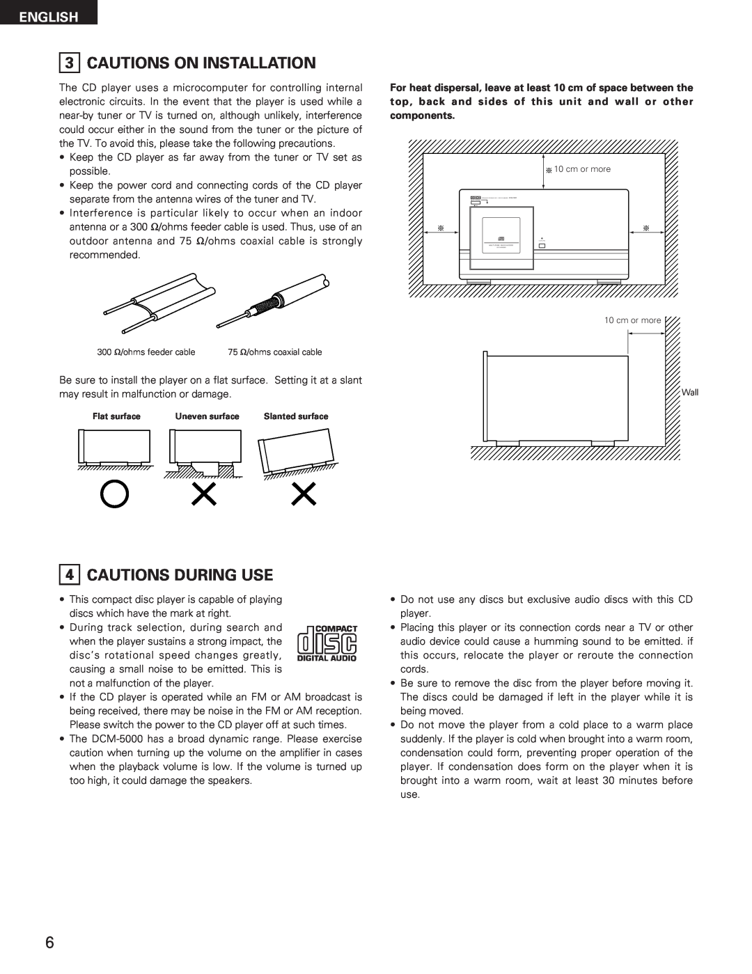Denon DCM-5001 manual Cautions On Installation, Cautions During Use, English 