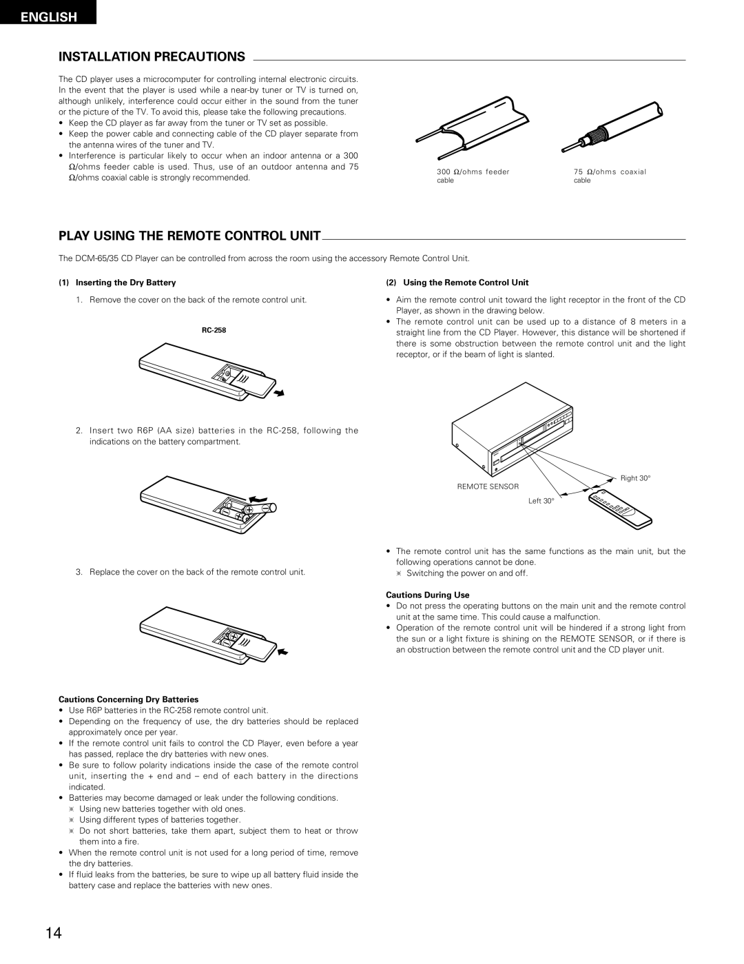 Denon DCM-65/35 manual Installation Precautions, Play Using the Remote Control Unit, Inserting the Dry Battery 