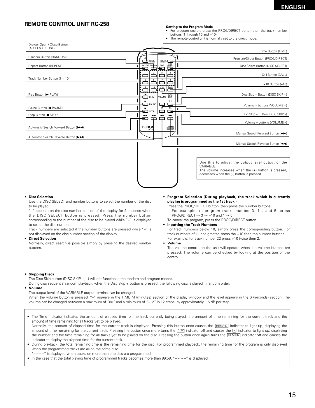 Denon DCM-65/35 manual Remote Control Unit RC-258 