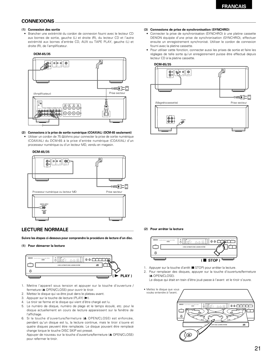 Denon DCM-65/35 manual Connexions, Lecture Normale 