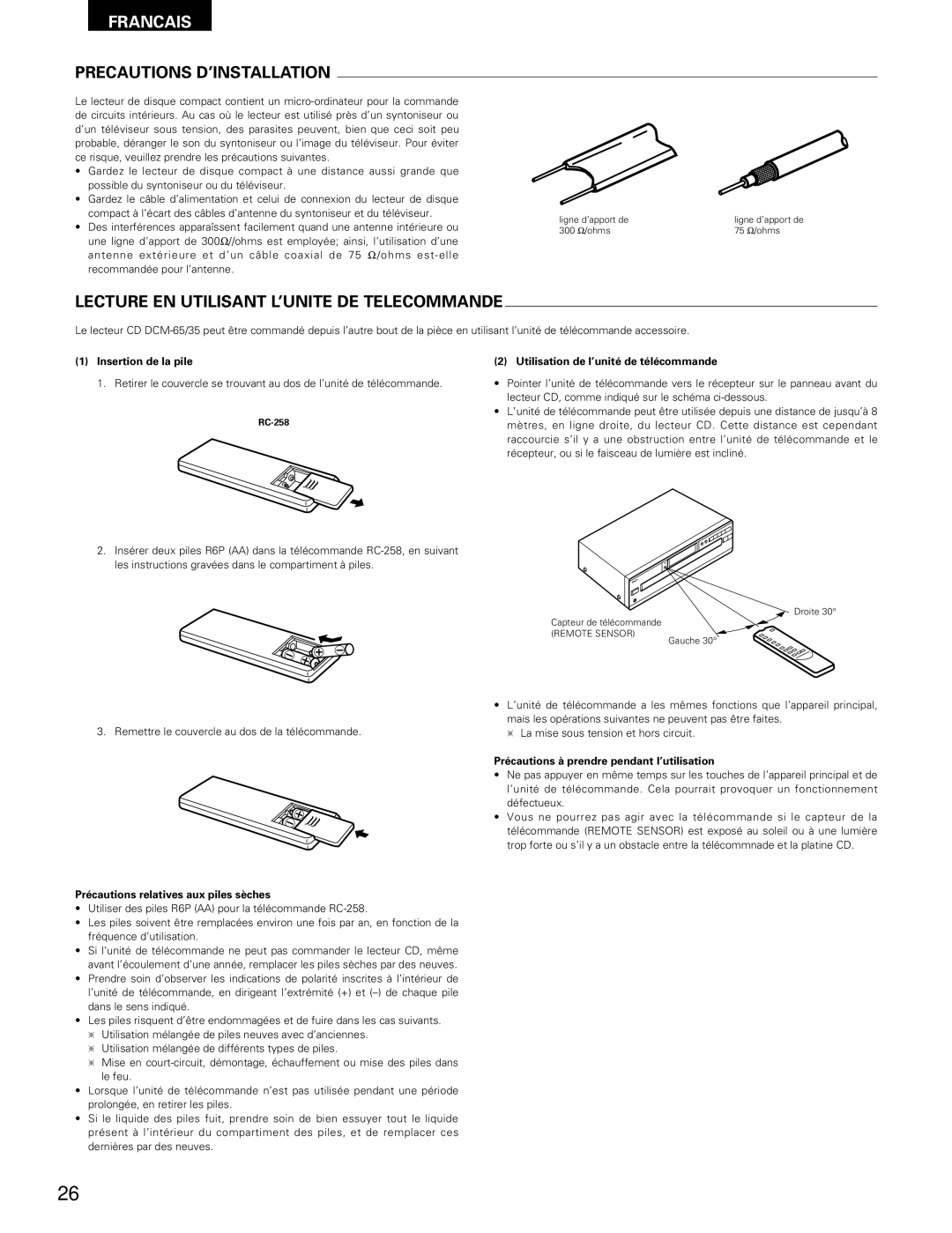 Denon DCM-65/35 manual Precautions D’INSTALLATION, Lecture EN Utilisant L’UNITE DE Telecommande 